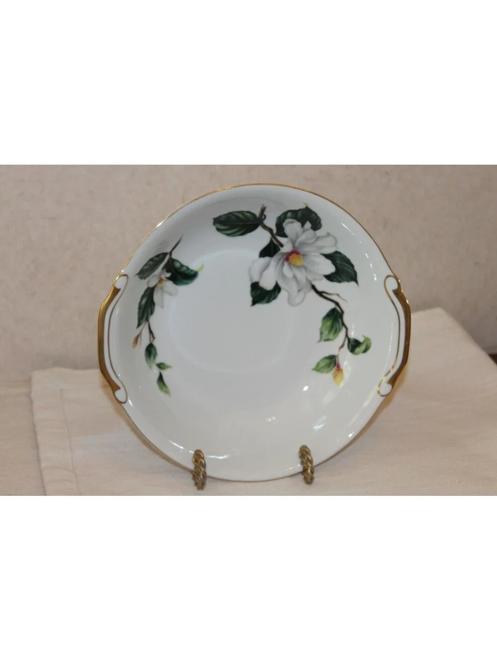 Vintage Seyei Japan Camellia Fine China Round Serving Bowl Gold Trim Handles